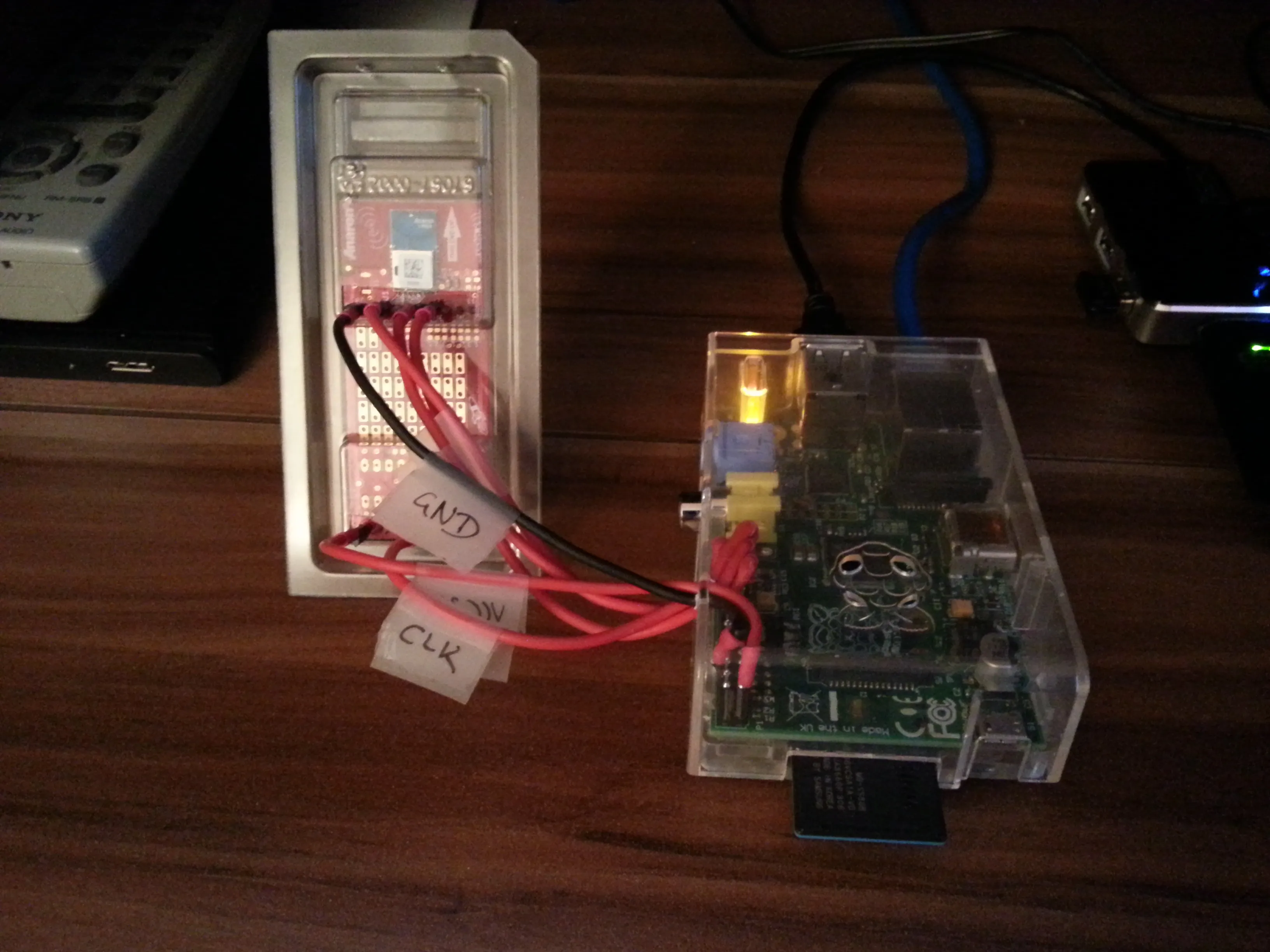 The Raspberry Pi wired to the CC110L RF BoosterPack, with labeled GND and CLK wires